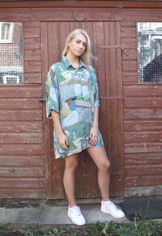 VINTAGE CRAZY PATTERNED SHIRT DRESS OVERSIZED 10 12 14 80S