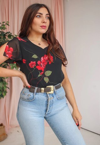 VINTAGE 90S BLACK TOP IN ROSE PRINT