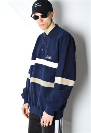 VINTAGE 90S NAVY BLUE STRIPED 1/4 BUTTON SWEATSHIRT