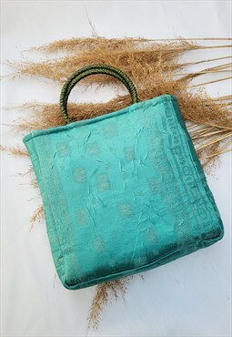 Vintage 70s sea green handmade square ring hand bag