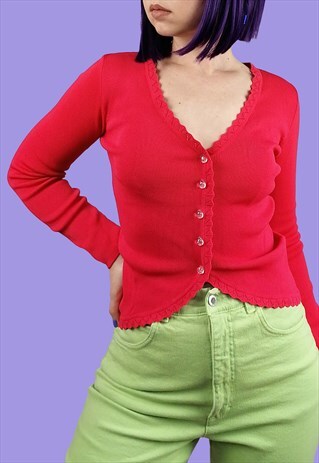 VINTAGE 90'S CARDIGAN KNIT BLOUSE SCALLOP TRIM HOT PINK