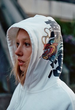 Chinese Dragon Design On A Heavyweight White Hoodie