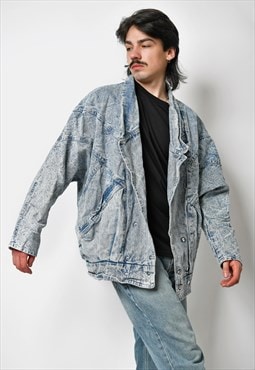 Warm vintage heavy denim jacket men acid bleached stone blue