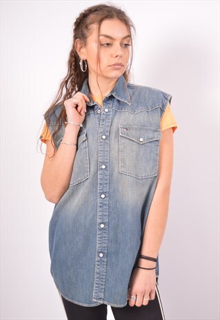 VINTAGE TOMMY HILFIGER DENIM SHIRT SLEEVELESS BLUE