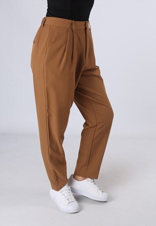 HIGH WAISTED TROUSERS PLAIN TAPERED LEG UK 14 (DK5C)