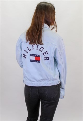 VINTAGE TOMMY HILFIGER EMBROIDERED SPELL OUT DENIM JACKET