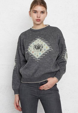 VINTAGE GREY ROUND NECK KNIT JUMPER SWEATER