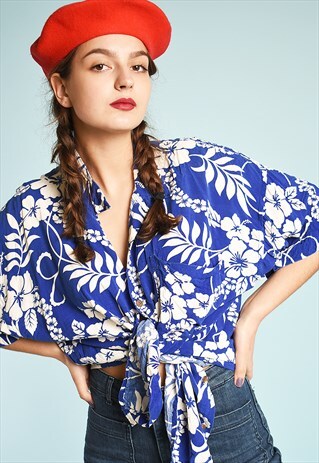 90'S RETRO BLUE HAWAII FLORAL PRINT FESTIVAL DAD'S SHIRT TOP