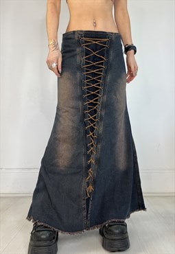 Vintage Y2k Maxi Skirt Denim Lace Up Grunge Fairy Boho 90s