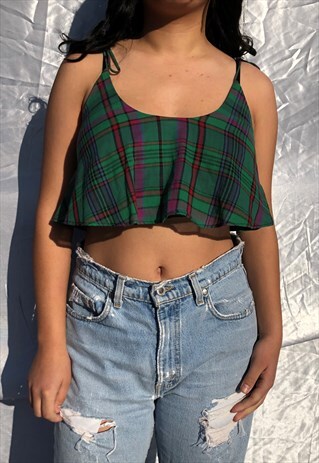 PLAID CROPPED TOP SZ S TIE UP SLEEVE