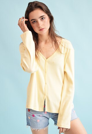 90'S RETRO PASTEL RIBBED KNIT BEADED CARDIGAN TOP