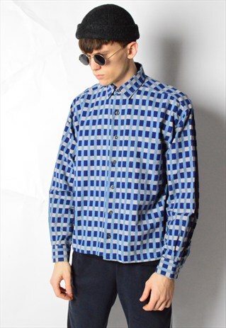 VINTAGE 90S BLUE CHECK SHORT LONG SLEEVE SHIRT