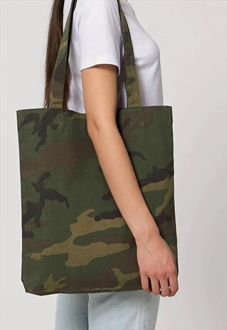 54 FLORAL CAMOUFLAGE COTTON SHOULDER TOTE BAG - GREEN