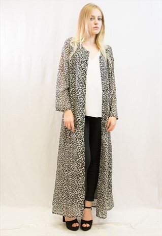 LEOPARD ANIMAL PRINT LONG SHIRT DRESS CARDIGAN IN GREY