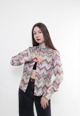 Vintage 90s multicolor blouse, abstract blouse button up 