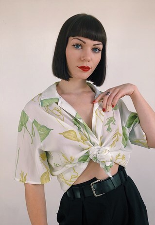 90S VINTAGE SHEER WHITE GREEN FLORAL LEAF PATTERN BLOUSE