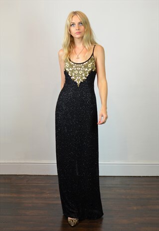 VINTAGE BLACK & GOLD BEADED GATSBY PROM / EVENING MAXI DRESS