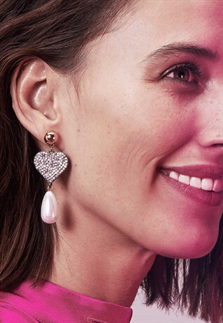 SILVER PAVED HEART AND PEARL EARRINGS