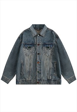 Bleached denim jacket retro wash jean bomber grunge coat