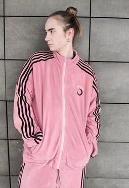 Soft fleece track top three stripe sports jacket pastel pink