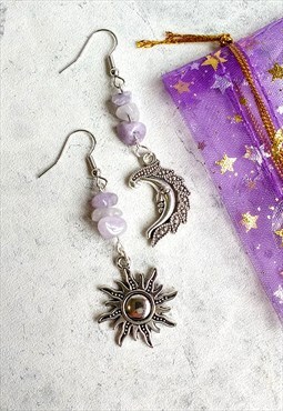 Handmade Cape Amethyst Gemstone Moon and Sun Earrings