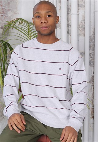 VINTAGE TOMMY HILFIGER LOGO STRIPED KNIT JUMPER GREY