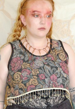 Vintage Tapestry Floral Crop Top Beaded Size L/XL Handmade