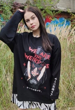 Anime print sweatshirt weird slogan Gothic thin top in black