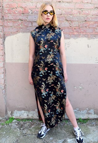 VINTAGE 90S BLACK CHINESE JACQUARD THIGH SLIT DRESS