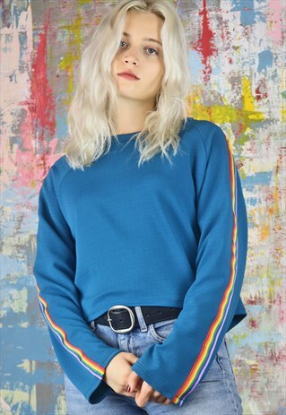 OVERSIZED TOP WITH RAINBOW TRIM IN TEAL BLUE