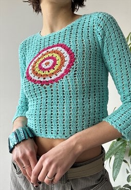 Vintage Y2K 00's Unique Summer Turquoise Crochet Jumper