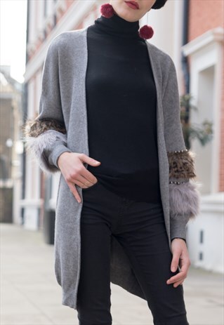 FAUX LEOPARD FUR TRIM STUD EMBELLISHED LONG CARDIGAN IN GREY