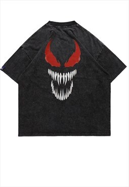Venom print t-shirt retro jaws cartoon tee evil top in black
