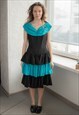 Vintage 80's Black/Blue Mini Sleeveless Ruffle Bottom Dress