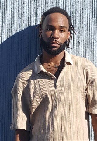 90S MINIMALIST SPORTSWEAR BEIGE TIPPED RIBBED POLO XL