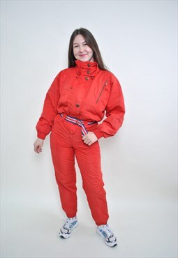 Women one piece ski suit, retro red full snowsuit, Size M