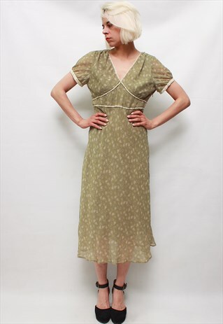 VINTAGE 90'S BEAUTIFUL CUTE GREEN SILK MIDI DRESS