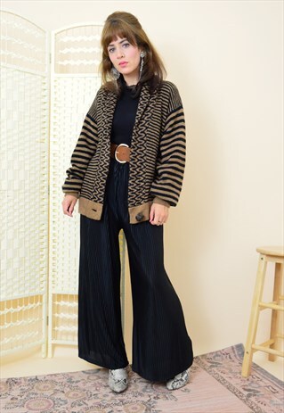 80'S VINTAGE STRIPED SLOUCHY KNIT CARDIGAN IN BROWN