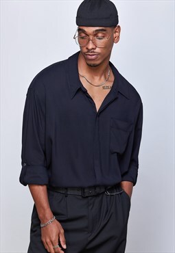 Black Long Sleeve Oversize Shirt - Viscose Fabric, Loose Fit