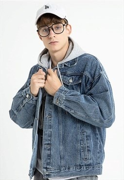 Denim hood jacket faded gorpcore jean coat in washed blue