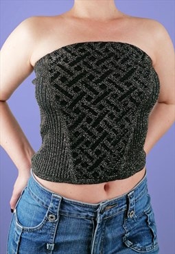 Y2K 2000s Black and Gold Ribbed Tube Top Party Gold Beaded