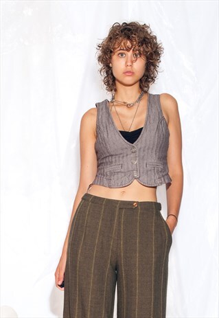 Vintage Corset Vest Y2K Short Waistcoat in Grey Cotton