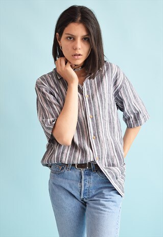 90'S RETRO STRIPED PRINT OVERSIZED FESTIVAL BLOUSE TOP