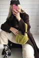 VINTAGE 70S LONG BROWN WOVEN WOOL COAT WITH SHEEPSKIN COLLAR