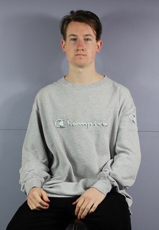 VINTAGE CHAMPION SWEATSHIRT IN GREY WITH EMBROIDERED SPELL O