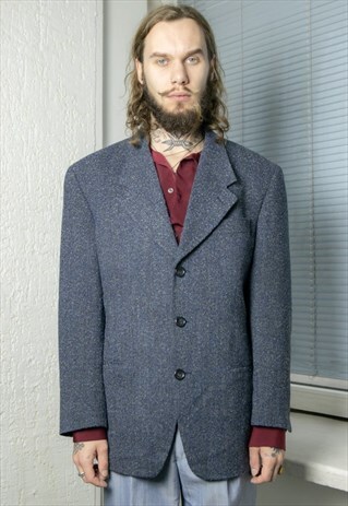 Vintage 80's Blue Wool Textured Suit Blazer