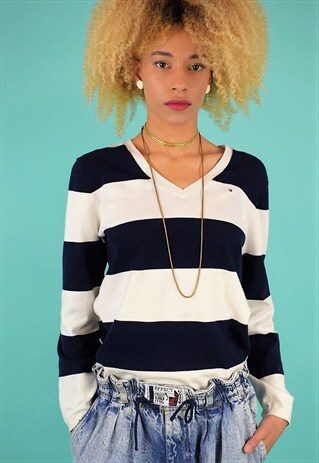 VINTAGE 90'S TOMMY HILFIGER STRIPED V-NECK JUMPER