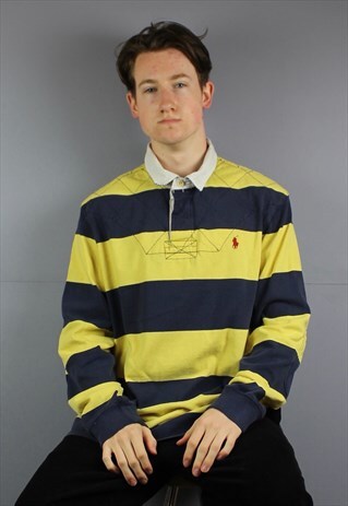 VINTAGE POLO RALPH LAUREN RUGBY POLO SHIRT IN YELLOW AND NAV