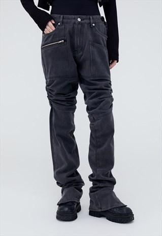Pleated jeans grunge distressed denim pants in vintage grey