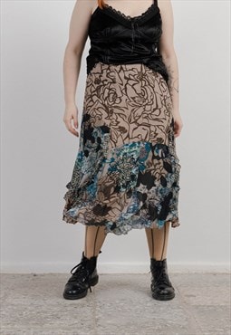 Vintage Y2k High Waisted Floral Layer Multicolor Midi Skirt 